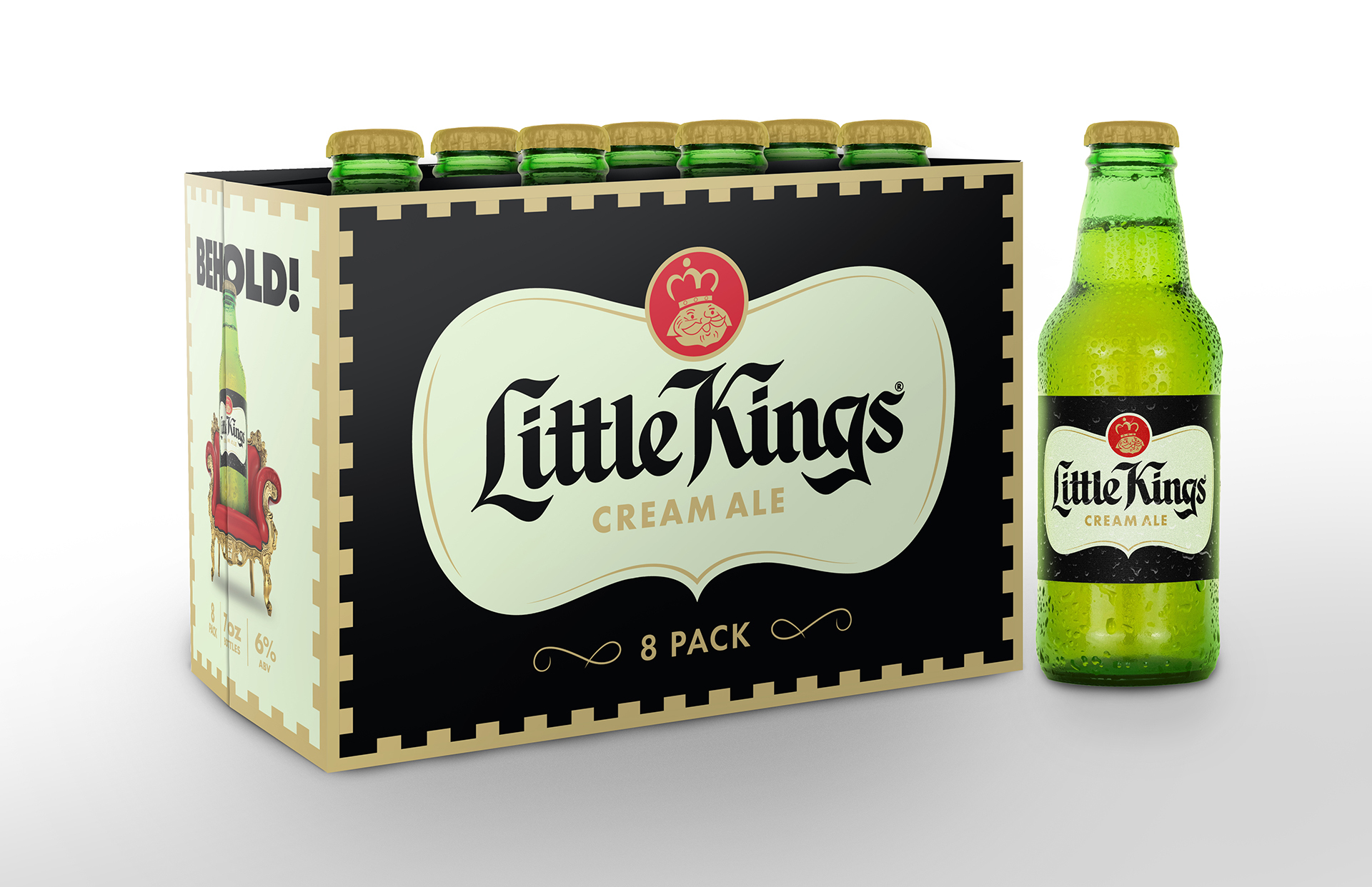 Little Kings beer bottle sitting next to an 8 pack of Little Kings Beer.