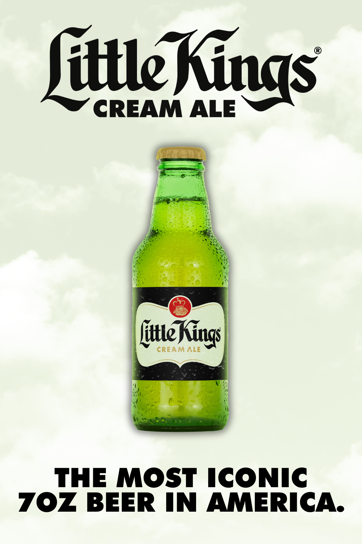 Text that reads "All Hail the Little King." Underneath that text is a bottle of Little Kings Cream Ale on top of a leather throne. 